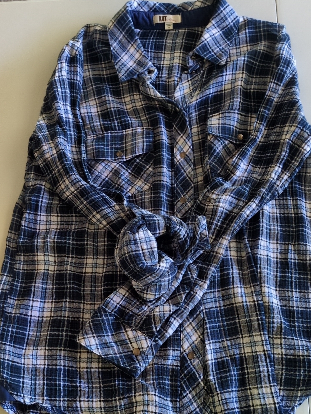 Kut from the Kloth Navy and White Plaid Button-Down Shirt